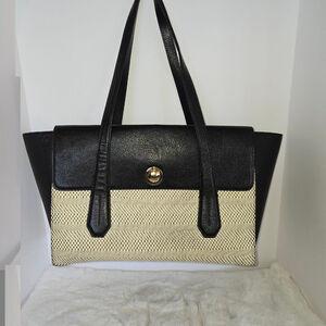 Henri Bendel Black Leather Handbag with Woven Detailing & Gold-toned hardware